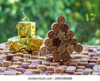 Wine Cork Christmas Tree With Marked Years On Shiny Green Background