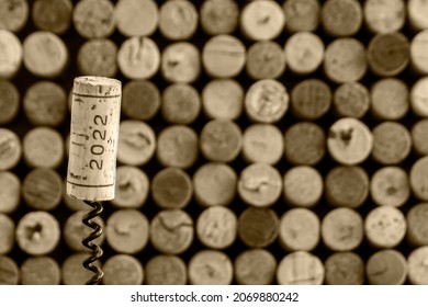 Wine Cork Marked With Number 2022 On Used Wine Cork Background 