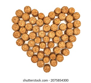 Wine corks heart on a white background. Top view, copy space. High quality photo