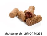 Wine corks Isolated on white background. Close up. Corks in a row