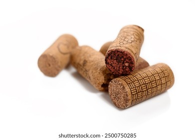 Wine corks Isolated on white background. Close up. Corks in a row