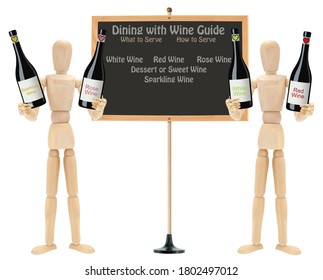 Wine Dining Blackboard And Wood Mannequins Holding Various Bottles Of Wine