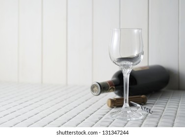 Wine Glass And Bottle On Kitchen Counter