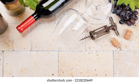 Wine Glasses, Bottles And Grapes. Flat Lay With Copy Space