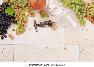 Wine Glasses, Bottles And Grapes. Flat Lay With Copy Space