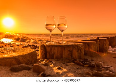 Wine Glasses By The Baltic Sea Sunset