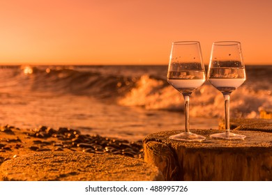 Wine Glasses By The Baltic Sea Sunset