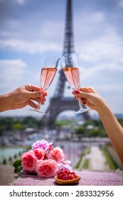  Wine Glasses And Eiffel Tower In Paris In Spring 