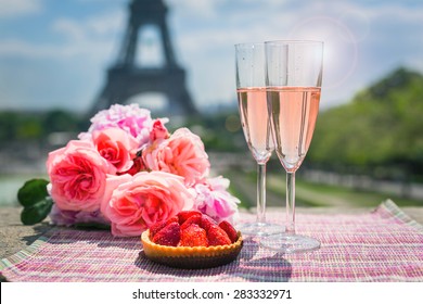  Wine Glasses And Eiffel Tower In Paris, Springtime