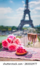  Wine Glasses And Eiffel Tower In Paris, Springtime 