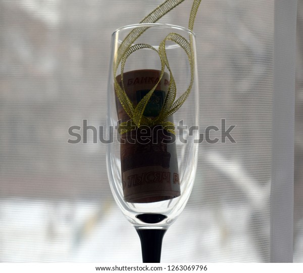 Wine Glasses Money Decorated Gold Ribbon Royalty Free Stock Image