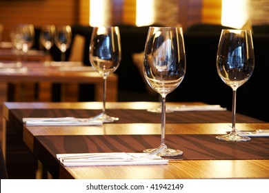 Wine Glasses On A Table In A Restaurant