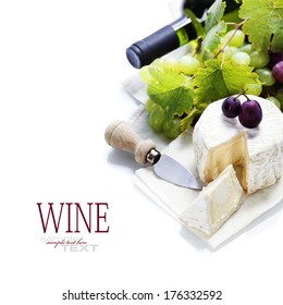 Wine, Grape And Cheese Over White. With Easy Removable Sample Text