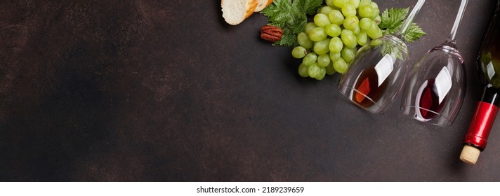 Wine, Grape, Nuts, Bread And Cheese. Top View Flat Lay With Space For Your Text