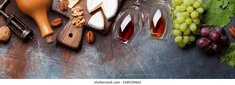 Wine, Grape, Nuts And Cheese. Top View Flat Lay