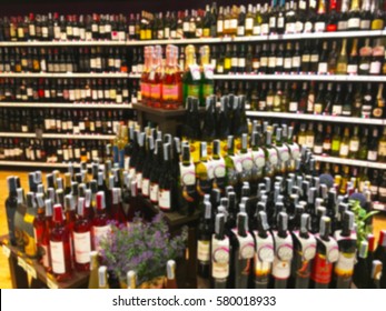 Wine Liquor Bottle On Shelf Blurred Background