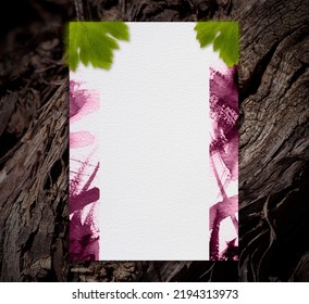 Wine List Mockup With Red Wine Stains And Vine Leaves. Vine Trunk Texture Background.