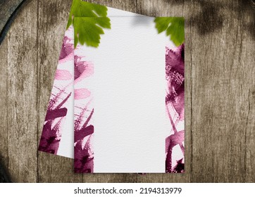 Wine List Mockup With Red Wine Stains And Vine Leaves. Wine Barrel Texture Background