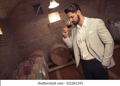 Wine Maker Testing Wines In Winery Basement