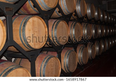 Wine oak barrels on a rack in a wine cellar