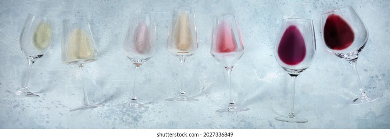 Wine Panorama With Many Glasses Of Rose, Red, And White Wine, Overhead Flat Lay Shot. Wine Colors Variety