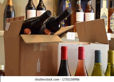 The wine is put in a box and ready for home delivery.  wine store