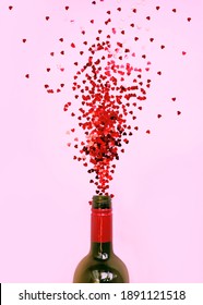 Wine sparkle with heart shaped confetti. Valentine's day wallapaper. 14 February 2021 background. Love greeting card. Dating poster. Invitation for lovers day festival. Modern celebration Valentines