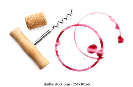 Wine stains, cork and corkscrew  isolated on white - Powered by Shutterstock