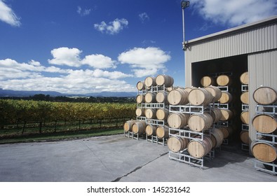 Wine Stored In Barrels At Wineyard Yarra Valley Victoria Australia.