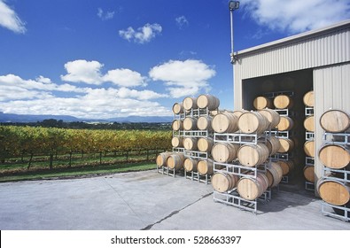 Wine Stored In Barrels At Wineyard, Yarra Valley, Victoria, Australia.
