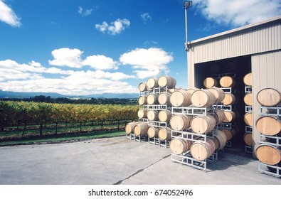 Wine Stored In Barrels At Wineyard, Yarra Valley, Victoria, Australia.