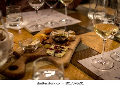 Wine Tasting With Cheese, Bread And Oil. Photo Taken In Budapest, Hungary.