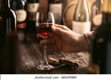 Wine Tasting Experience In The Rustic Cellar And Wine Bar: Sommelier Holding A Glass Of Delicious Red Wine And Excellent Wine Bottles Collection On The Background