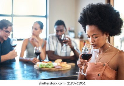 Wine Tasting, Friends And Luxury In A Restaurant With Healthy Organic Fruit With Cheese On A Food Table. Alcohol, Diversity And Young Happy People In Discussion At A Relaxed Dining Or Party Event