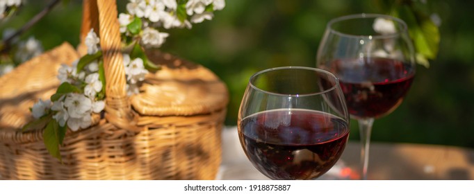 Wine Tasting Party In Spring In The Garden. Still Life With Long Stem Glasses With Red Wine On A Wooden Outdoor Table On The Beautiful Springtime Day. Blooming Branches With Cherry Flowers