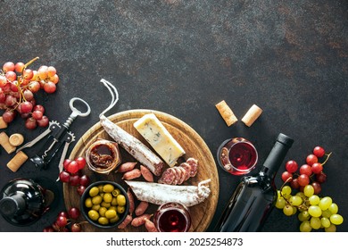 Wine Tasting Set With A Charcuterie Board, Overhead View, Copy Space For A Text