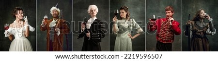 Wine tasting. Set of images of actors and actress in image of medieval royalty persons in vintage clothes on dark background. Concept of comparison of eras, renaissance, baroque style.