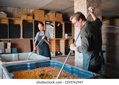 Wine, vineyard and workers mixing fruit in a winery, warehouse or distillery with equipment at work. Woman and man winemaker or people pressing juice of grapes for alcohol industry. - Powered by Shutterstock