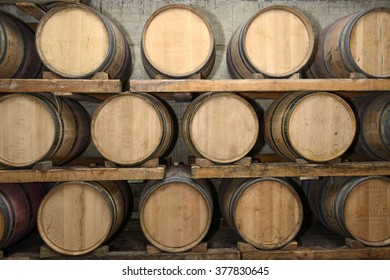 Wine Wood Kegs In Traditional Aging Room