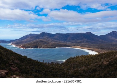 Wineglass Bay From The Lookout On The Freycinet Peninsula Circuit Day Hike On A Warm Wet Spring Day In Freycinet National Park, Tasmania, Australia