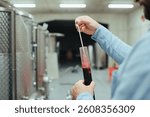 Winemaker standing in the wine cellar, controlling, testing wine sample.