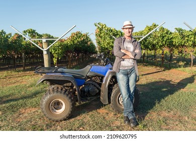 Winemaker in straw hat standing near quad bike in vineyard. Traditional family winemaker business. Harvest time in winery industry. Senior man in jeans with arms folded outdoor at sunny day.