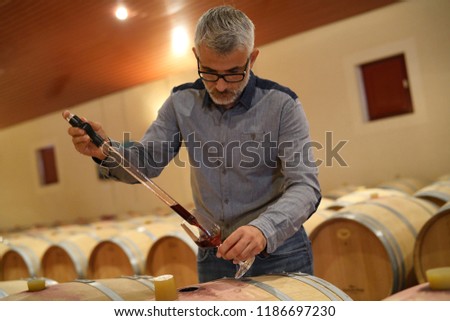 Winemaker tasting red wine in cellar