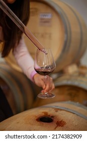 Winemaker Woman Takes A Sample Of Wine From A Barrel And Pours A Little Into A Glass With Special Tool