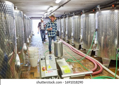 Winemakers In Front Of The Fermentation Tanks In The Winery Filling The Wine With A Hose