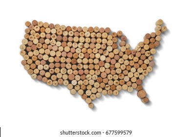 Wine-producing countries - maps from wine corks. Map of USA on white background. Clipping path included.