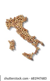Wine-producing countries - maps from wine corks. Map of Italy on white background. Clipping path included.