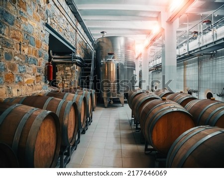 Winery factory with steel tanks for fermenting and wooden barrels for aging process, winemaking concept, food industry