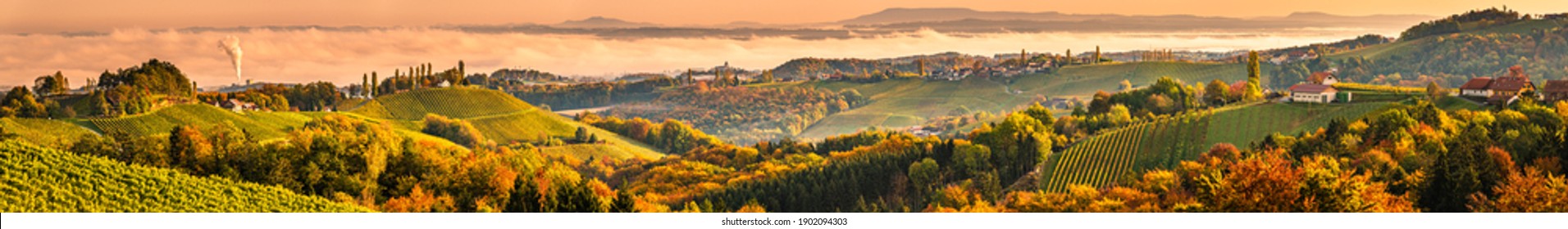 Winery in south Styri, Austria. Panoramic view at hills of wine road. Famous Tuscany like destination.