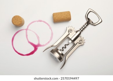 Wing corkscrew, corks and red wine stains on white background, top view